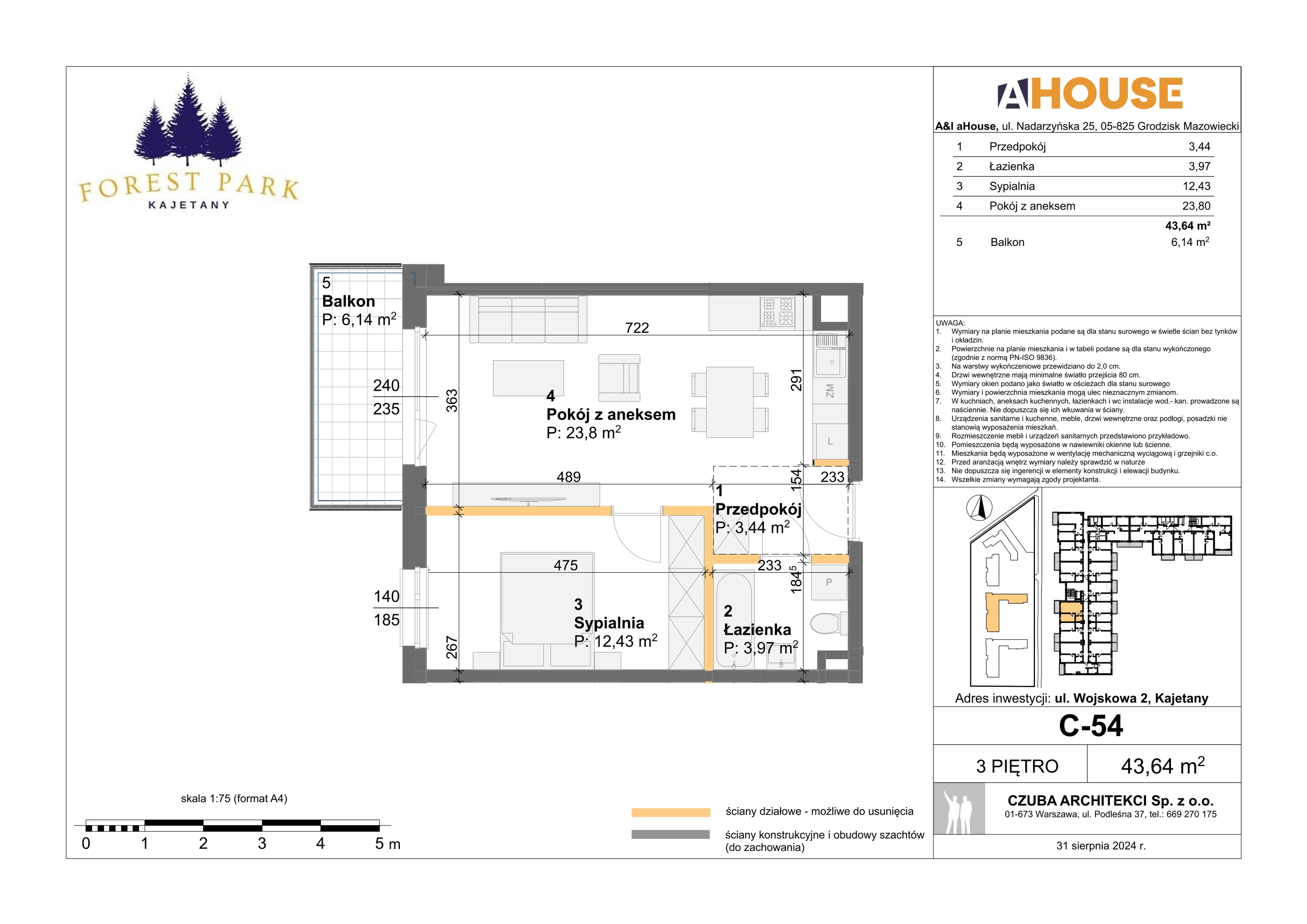 2 pokoje, mieszkanie 43,64 m², piętro 3, oferta nr C-54, Forest Park Kajetany, Kajetany, ul. Wojskowa 2
